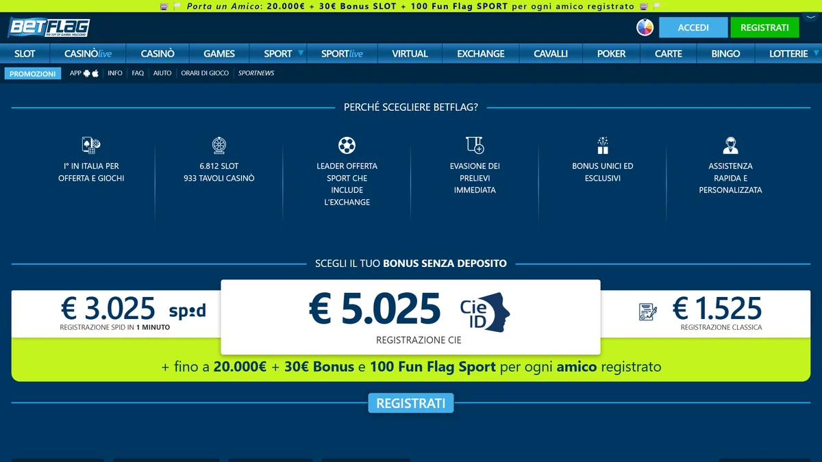 Home page di betflag.it con i tre bonus senza deposito: 3.025 € con SPID, 5.025 € con CIE, 1.525 € classica
